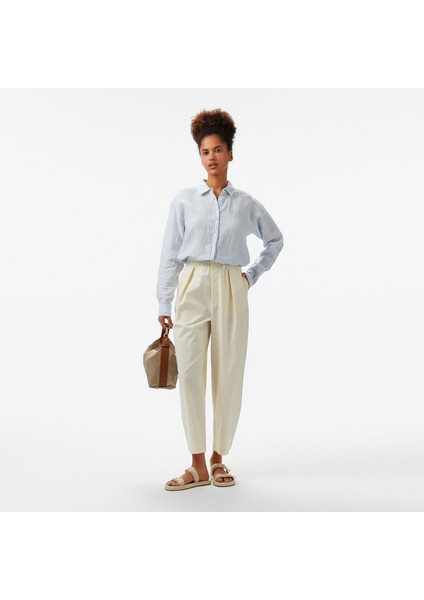 Kadın Mavi Regular Fit Keten Çizgili Gömlek modelleri