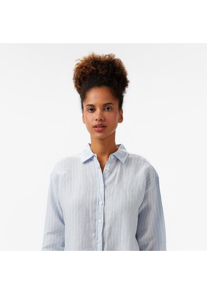 Kadın Mavi Regular Fit Keten Çizgili Gömlek fırsatları