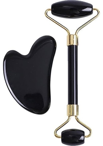 Cilt Bakım Seti Doğal Taş, Faceroller ve Siyah Kalp Guasha Masaj Taşı 2 Li