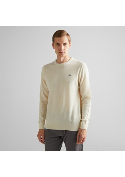 Erkek Krem Regular Fit Bisiklet Yaka Yün Kazak