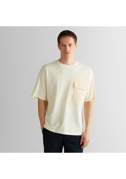 Erkek Krem Relaxed Fit Bisiklet Yaka Logolu T-Shirt