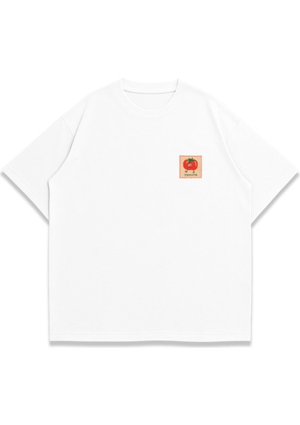 Trend Kadın Tişört - %100 Pamuk Tomato Desen Baskılı Oversize Beyaz