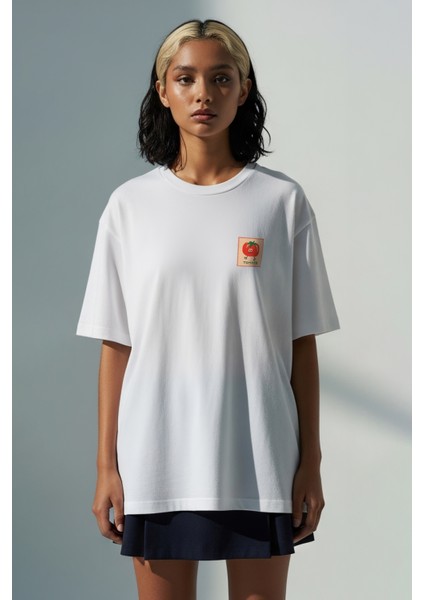 Trend Kadın Tişört - %100 Pamuk Tomato Desen Baskılı Oversize Beyaz fiyatları