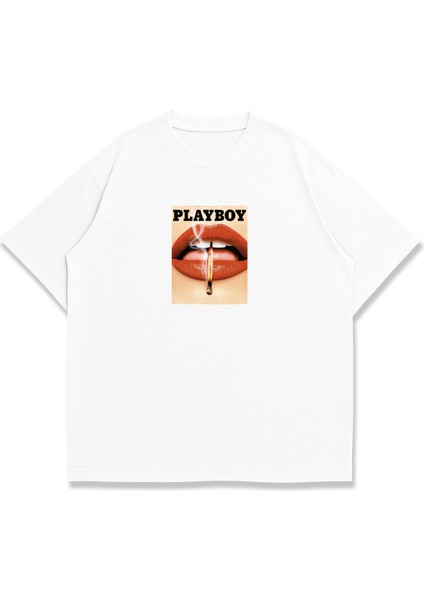 Trend Kadın Tişört - %100 Pamuk Playboy Desen Baskılı Oversize Beyaz