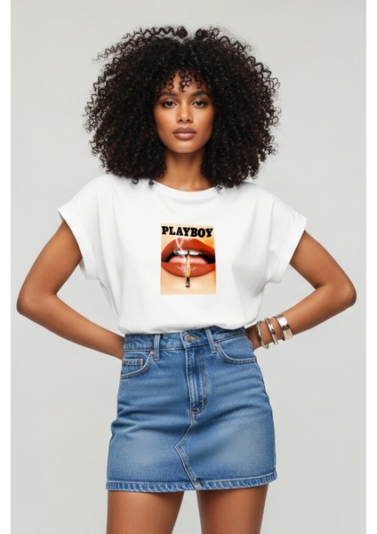 Trend Kadın Tişört - %100 Pamuk Playboy Desen Baskılı Oversize Beyaz fiyatları
