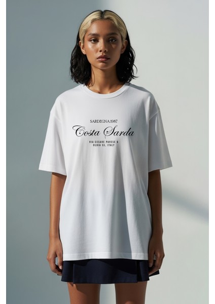 Trend Kadın Tişört - %100 Pamuk Sardegna Desen Baskılı Oversize Beyaz
