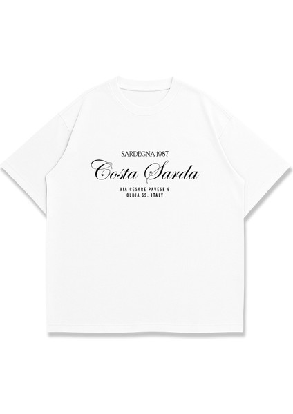 Trend Kadın Tişört - %100 Pamuk Sardegna Desen Baskılı Oversize Beyaz modelleri