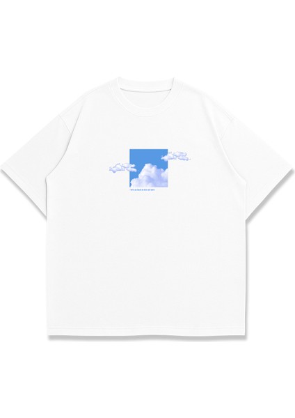 Trend Kadın Tişört - %100 Pamuk Mavi Bulut Desen Baskılı Oversize Beyaz