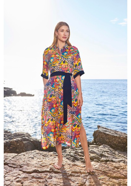 Kadın Ççiçek Desenli Yırtmaçlı Önü Düğmeli Gömlek Yaka Elbise 25058 indirimleri