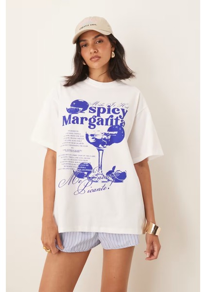 Trend Kadın Tişört - %100 Pamuk Spicy Margarita Baskılı Oversize Beyaz