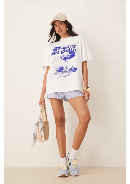 Trend Kadın Tişört - %100 Pamuk Spicy Margarita Baskılı Oversize Beyaz fiyatları