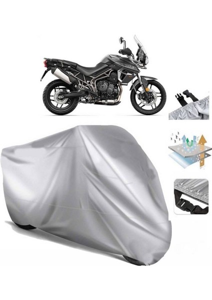 | Triumph Tiger 800 Xrt (Bağlantı Tokalı) Uyumlu Solarblock Prime Uyumlu Motosiklet Brandası | Su Geçirmez, %99 UV, Yansıtıcı Gümüş Üst, 360° Lastikli, Taşıma Çantalı