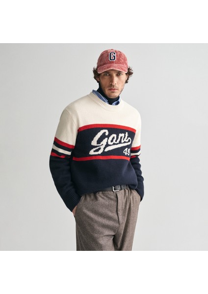 Erkek Lacivert Relaxed Fit Bisiklet Yaka Logolu Kazak