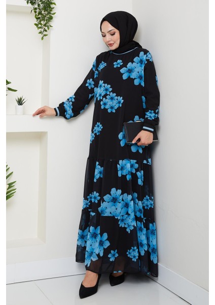 Kadın Astarlı Mavi Şifon Çiçek Desenli Elbise fiyatları