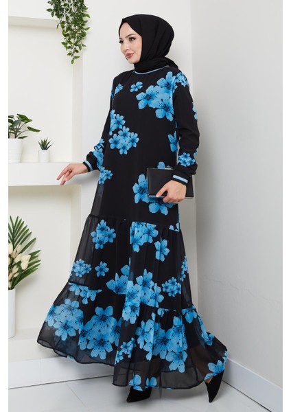 Kadın Astarlı Mavi Şifon Çiçek Desenli Elbise modelleri