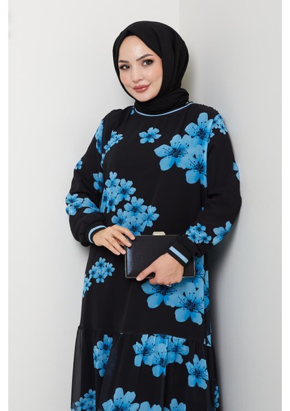 Kadın Astarlı Mavi Şifon Çiçek Desenli Elbise fırsatları