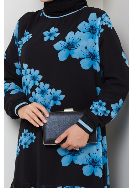 Kadın Astarlı Mavi Şifon Çiçek Desenli Elbise indirimleri