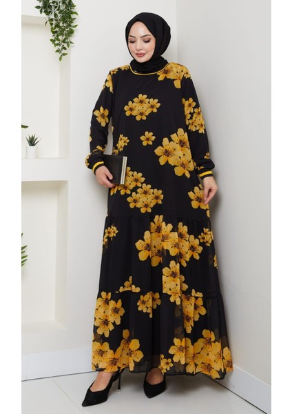 Kadın Astarlı Sarı Şifon Çiçek Desenli Elbise