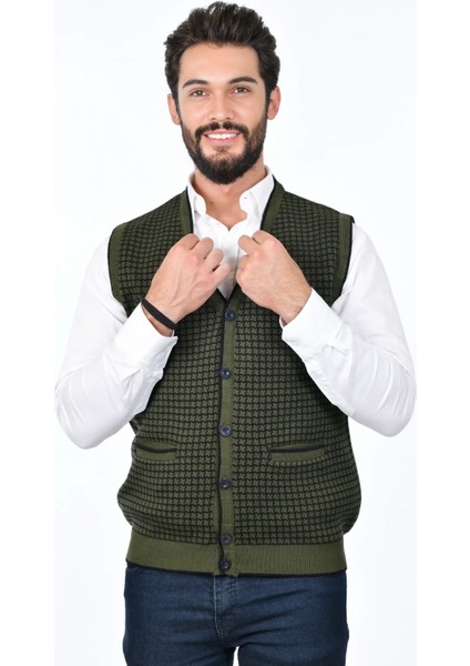 Erkek Çelik Örgü Düğmeli Cepli Kazayağı Desen Tüylenmeyen Triko Kışlık Baba Kazak Yelek fiyatları