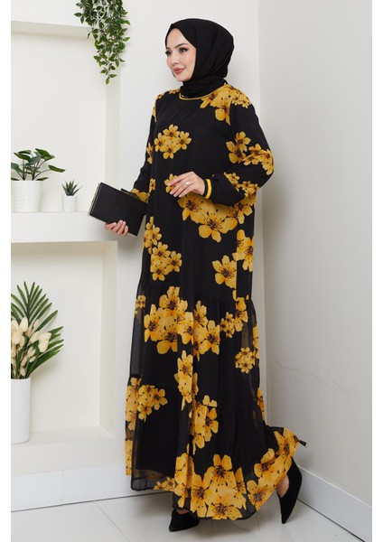 Kadın Astarlı Sarı Şifon Çiçek Desenli Elbise fiyatları