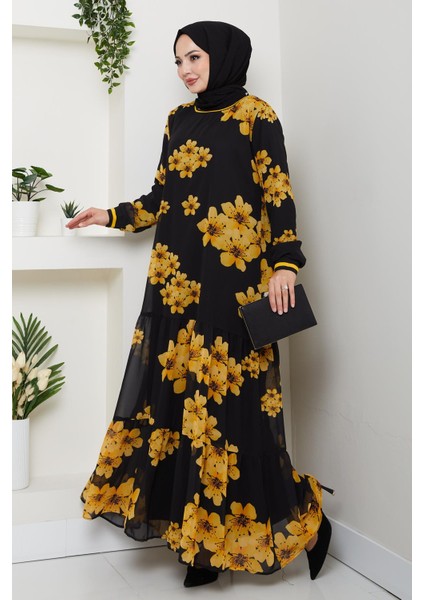 Kadın Astarlı Sarı Şifon Çiçek Desenli Elbise modelleri