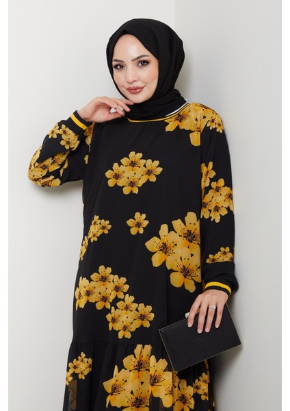 Kadın Astarlı Sarı Şifon Çiçek Desenli Elbise fırsatları