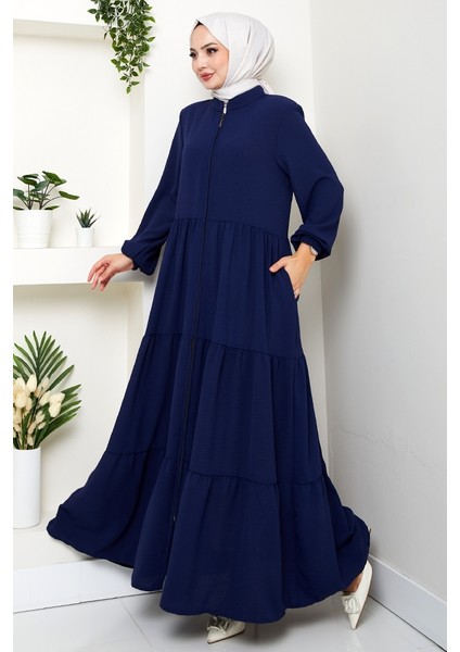 Kat Detaylı Fermuarlı Ferace 1586 - Lacivert