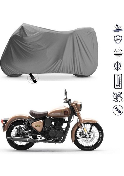 | Royal Enfield Classic Desert Storm Bağlantı Tokalı Uyumlu Solarblock Uyumlu Motosiklet Brandası | Su Geçirmez, %99 UV, Yansıtıcı Gümüş Üst