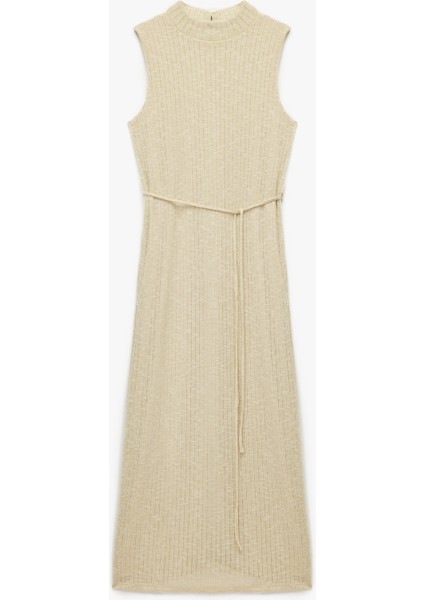 Slim Fit Parıltılı Kemerli Kolsuz Dik Yaka Midi Boy Kalem Elbise