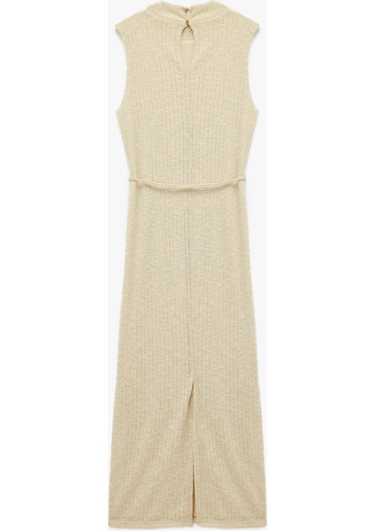 Slim Fit Parıltılı Kemerli Kolsuz Dik Yaka Midi Boy Kalem Elbise fiyatları