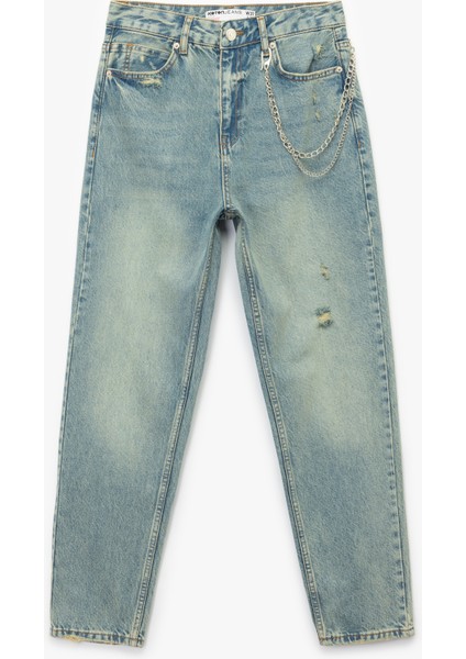 Yüksek Bel Rahat Kalıp Yıpratılmış Zincir Detaylı Mom Jean Pantolon - Mom Slim Jean