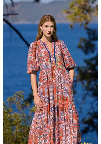 Kadın Etnik Desenli Truvakar Kollu Önü Düğmeli V Yaka Elbise 25031 fiyatları