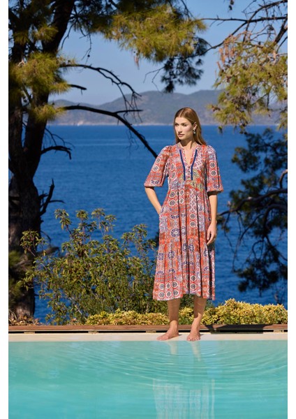 Kadın Etnik Desenli Truvakar Kollu Önü Düğmeli V Yaka Elbise 25031 fırsatları