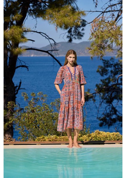 Kadın Etnik Desenli Truvakar Kollu Önü Düğmeli V Yaka Elbise 25031 indirimleri