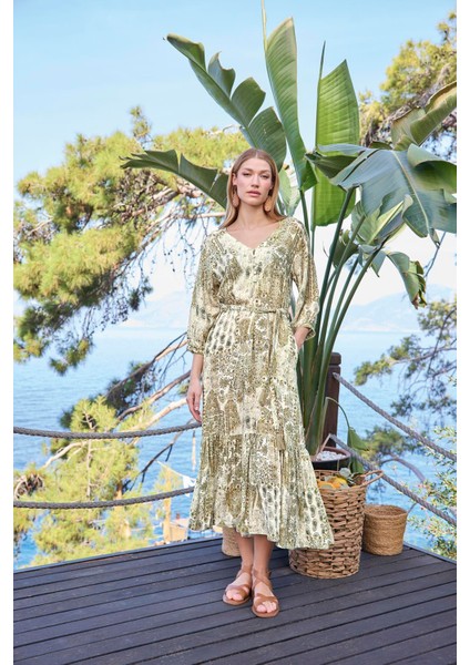 Kadın Etnik Desenli Önü Düğeli V Yaka Elbise 25002 fırsatları