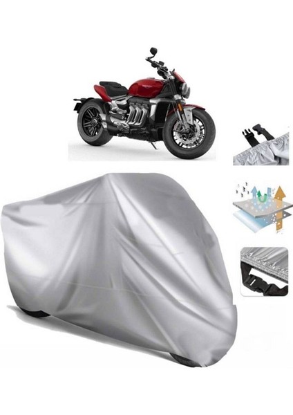 | Triumph Rocket 3 R (Bağlantı Tokalı) Uyumlu Solarblock Prime Uyumlu Motosiklet Brandası | Su Geçirmez, %99 UV, Yansıtıcı Gümüş Üst, 360° Lastikli, Taşıma Çantalı