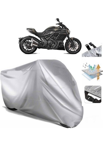 | Ducati Diavel Dark (Bağlantı Tokalı) Uyumlu Solarblock Prime Uyumlu Motosiklet Brandası | Su Geçirmez, %99 UV, Yansıtıcı Gümüş Üst, 360° Lastikli, Taşıma Çantalı