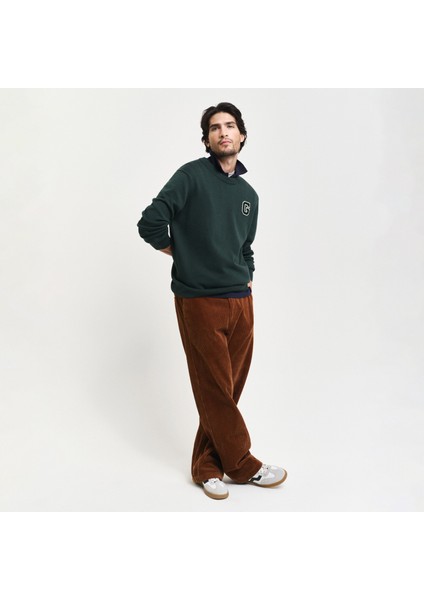 Erkek Yeşil Relaxed Fit Bisiklet Yaka Logolu Kazak fırsatları
