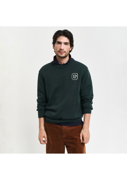 Erkek Yeşil Relaxed Fit Bisiklet Yaka Logolu Kazak