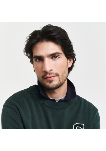 Erkek Yeşil Relaxed Fit Bisiklet Yaka Logolu Kazak modelleri