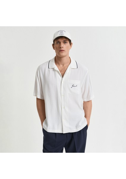 Erkek Krem Relaxed Fit Klasik Yaka Logolu Gömlek