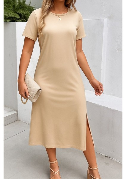 Kadın Kısa Kollu Bisiklet Yaka Yandan Yırtmaçlı Viskon Elbise