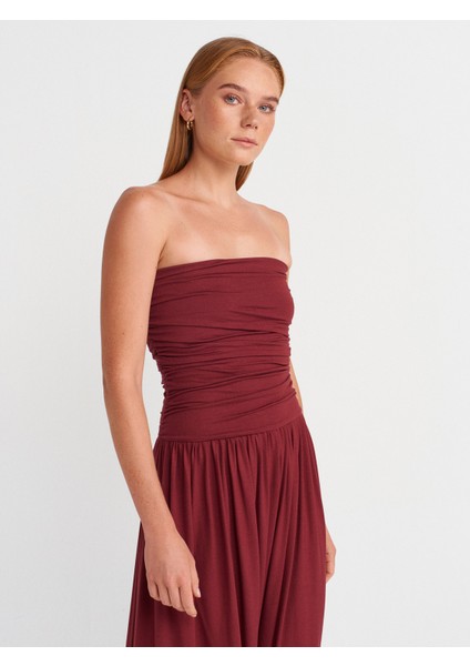 91496 Straplez Büzgülü Elbise-Açık Bordo fırsatları