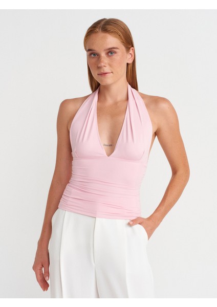 31968 Büzgülü Halter Yaka Top-Toz Pembe