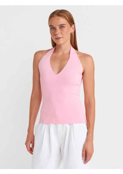 10794 Halter V Yaka Basıc Bluz-Pembe