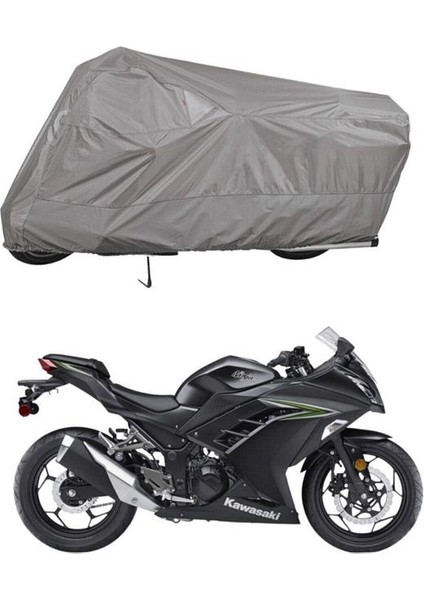 | Kawsaki Ninja 300 Bağlantı Tokalı Uyumlu Solarblock Prime Uyumlu Motosiklet Brandası | Su Geçirmez, %99 UV, Yansıtıcı Gümüş Üst, 360° Lastikli, Taşıma Çantalı