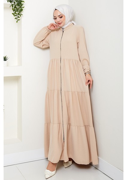 Kat Detaylı Fermuarlı Ferace 1586 - Bej