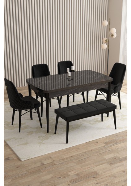 Mazaka Siyah Mermer 80X132 Açılabilir Mdf Masa Yemek Odası Takımı, Mutfak Takımı 4 Sandalye 1 Bench