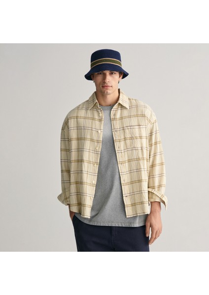 Erkek Bej Oversize Fit Klasik Yaka Kareli Gömlek