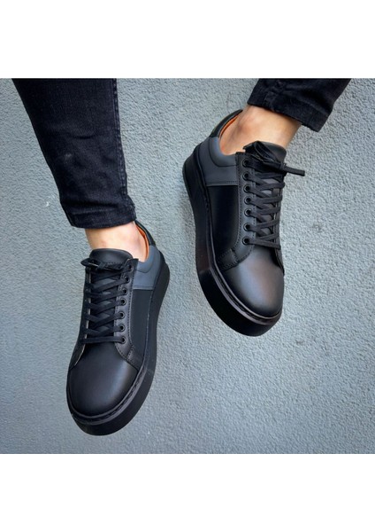 Siyah Cilt Ithal Suni Deri Yüksek Taban Günlük Bağcıklı Erkek Sneaker Ayakkabı MRT00419